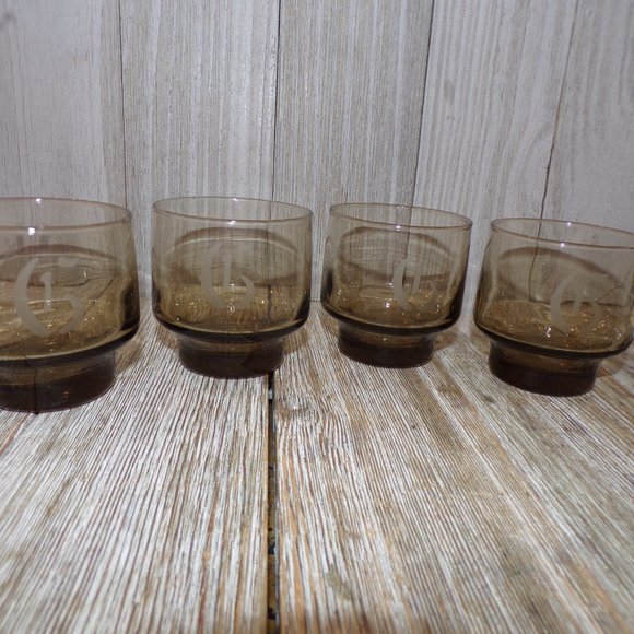 Vtg Brown Glasses, Barware Glasses Small Brown Initials Glasses, Vtg Set 4, Juic - Picture 1 of 6
